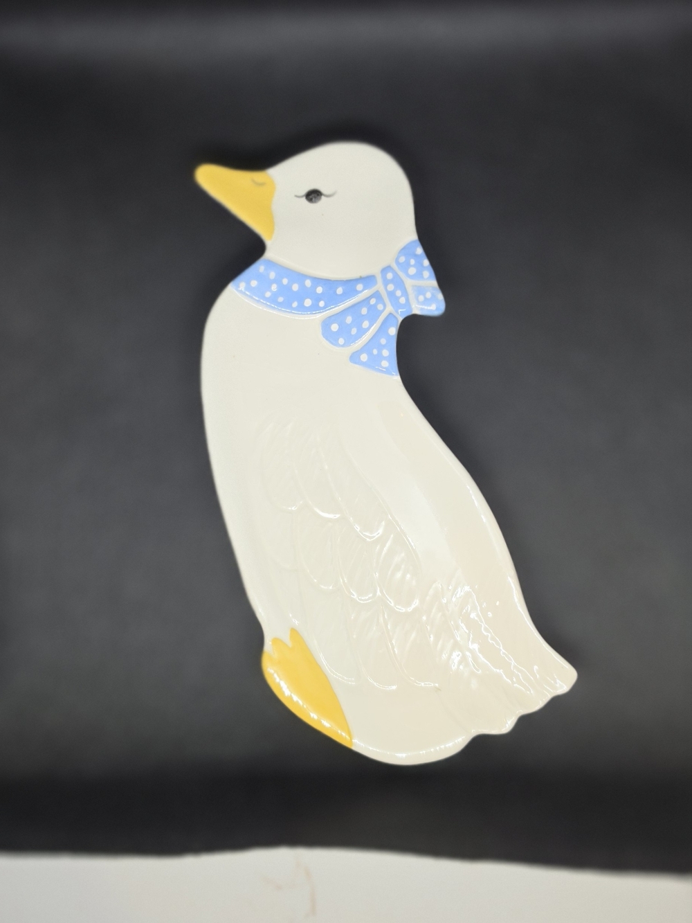 Adorable Cottagecore Duck Spoon Rest Or Trinket Dish With Blue Polka Dot Bow